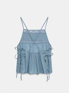 BNWT Zara Blue Embroidered Lace Stappy Bow Top